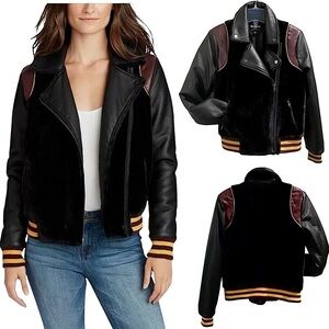 William Rast Noelie Varsity Moto Jacket Black Faux Fur & Leather Oversized Small